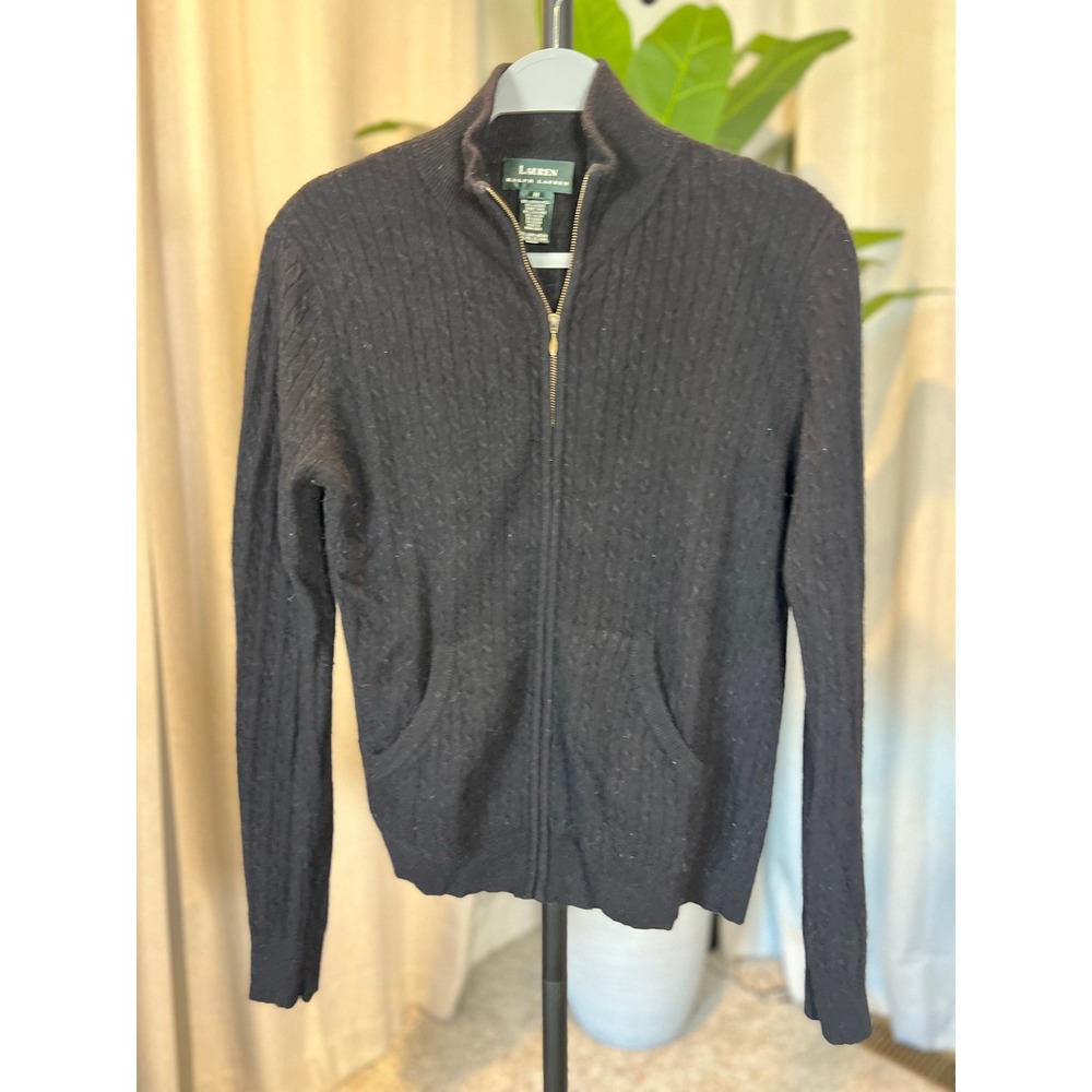 Lauren Ralph Lauren Black Cable Knit Merino Wool Cashmere Full Zip Sweater M
